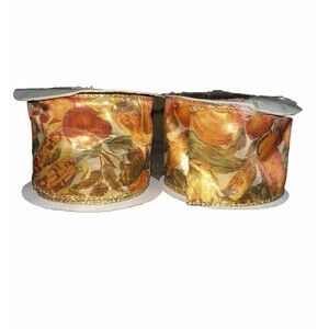 Wired Edge Ribbon Fall Theme 2.5” x 10 Yds Gold Green Orange Pumpkins Lot Of 2